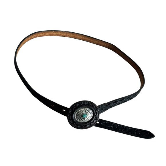 Fred Coen Santa Fe Vintage Tooled black Leather Belt with Sterling Turquoise - Picture 2 of 9